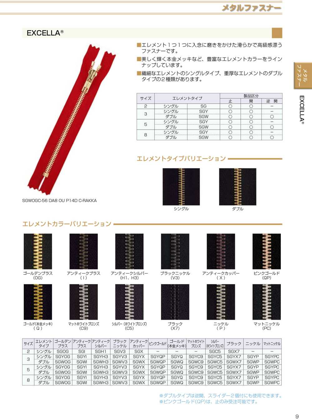 5SGWPCH EXCELLA® ファスナー 5サイズ ニッケル 逆開 ダブル YKK