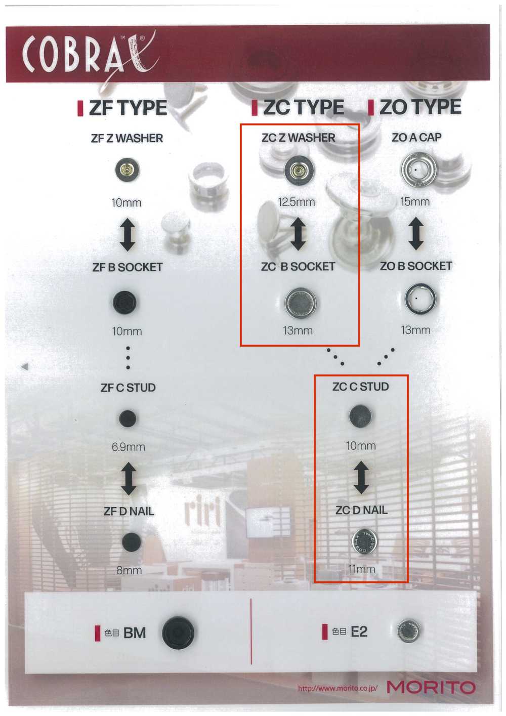 ZC-Z/B/C/D COBRAX® ZC 4SET(飾り座/バネ/ゲンコ/ホソ)[ドットボタン・ハトメ] モリト(MORITO)