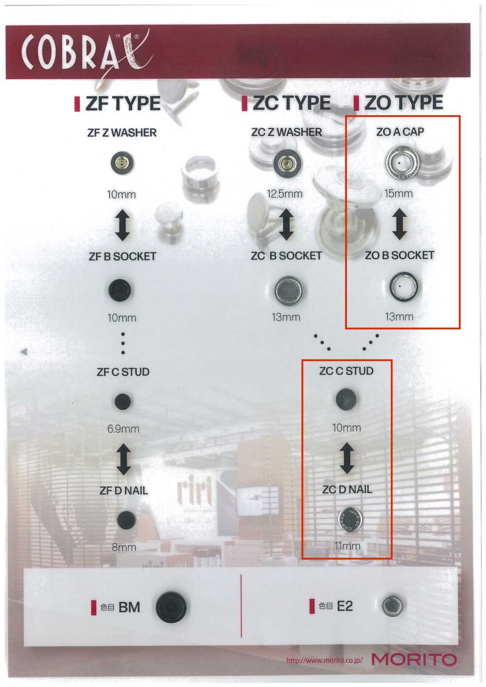 ZO-A/B/C/D COBRAX® ZO 4SET(CAP/バネ/ゲンコ/ホソ)[ドットボタン・ハトメ] モリト(MORITO)